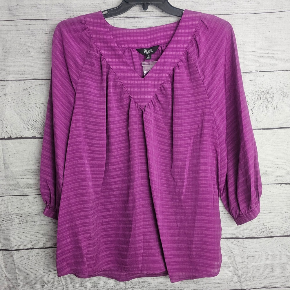 Slim Factory Investments 1X Sloane Hollyhock Purple V Neck Sheer Stripe Top 1333